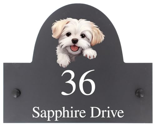 Personalisierbares Hausnummernschild mit Malteserhund, 25 x 20 cm