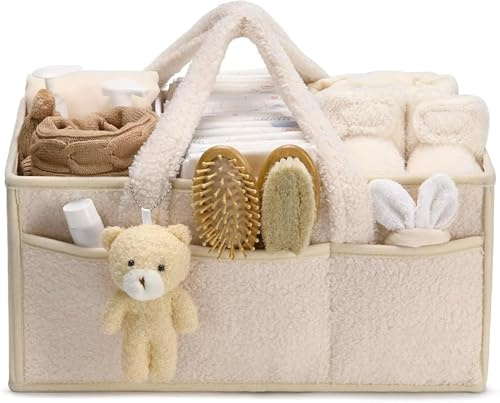 agctrler Wickeltasche Organizer Plüsch Qualitäts-Upgrade, Tragbarer Wickeltisch Organizer mit Teddy, Baby Wickelkorb mit Herausnehmbaren Fächern, Baby Aufbewahrungskorb für Wickel und Babysachen