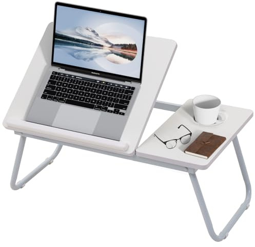 Warmiehomy Laptop Table, Foldable Laptop Bed Table, Five Adjustable Angles Laptop Desk with Cup Holder, Laptop Tray with Legs for Bed Sofa Breakfast Work Study Reading, White
