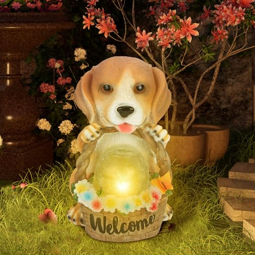 Syzplnwy Statua luminosa a energia solare a forma di cane, decorazione da giardino per esterni con luce calda, figura di animale in resina per cortile, patio e amanti dei cani