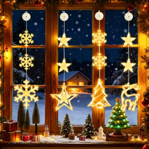UQYMY Luci Natale Finestra 4 PCS, LED Luminosa Natale Interno Batteria, Luminarie Natalizie per Finestre con Ventose e Timer, Tenda Luce Stella Balcone per Lampada Decorazioni Natalizie Esterno