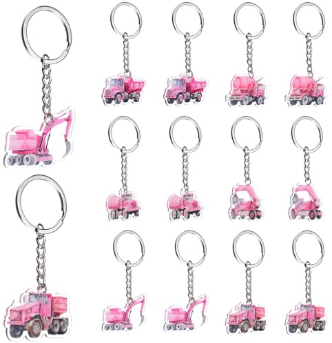 Serencatcher Lot de 12 porte-clés roses en acrylique double face pour filles et femmes sur le thème du camion à benne, pelleteuse, anniversaire, fête prénatale (6 motifs, 2 de chaque)