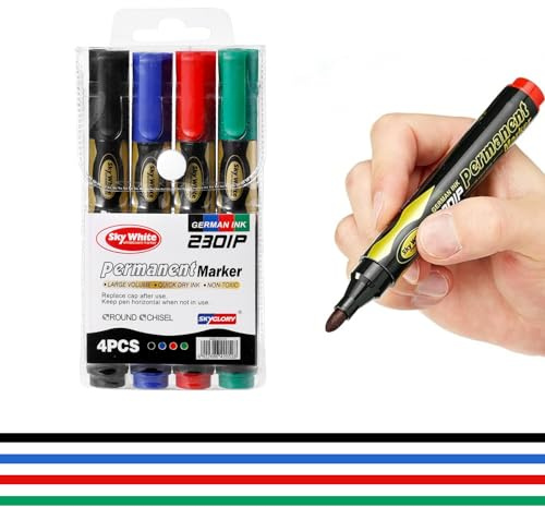 SKYGLORY 4 Colour Bullet Tip Permanent Marker Set, Quick Dry Wear-Resistant Coloured Marker Pens for Office, DIY Crafts & Household Organisation (Bullet Tip Permanent Marker)