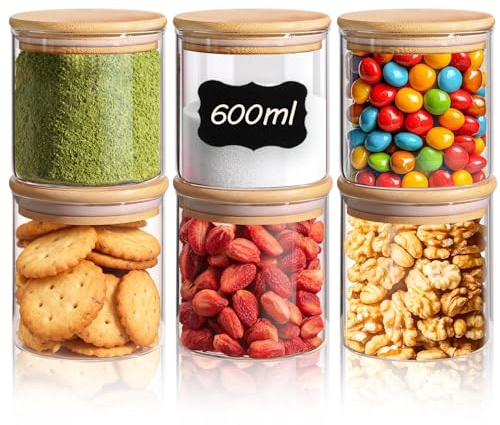 ComSaf förvaringsburkar i glas med bambulock, 600 ml, 6-pack | kompakt rund form, potatischips, svagt mjöl, bruna sockerbitar, smidig förvaring, för skafferi och kök