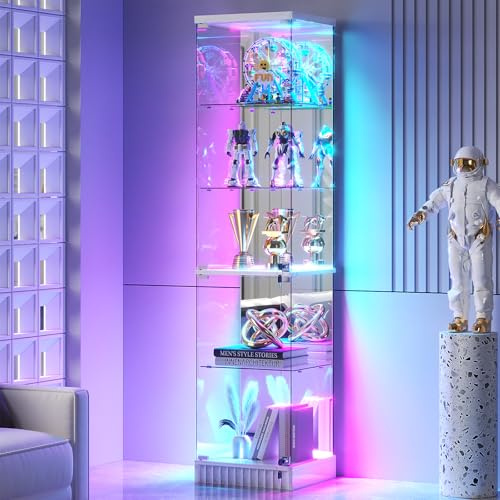 Gurexl 5 Tier RGB Glass Display Cabinet with Lockable for Bedroom,White | 67″ Modern Curio Cabinet with Dynamic lighting,Storage Bookcase Cabinet with Glass Door for Study,Living Room,Bedroom