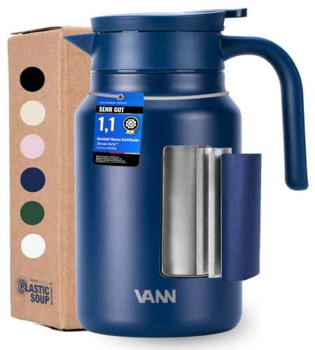 VANN Thermoskanne 1,5l - 3-fach Isolierkanne [24h warm, 36h kalt] | Thermoskanne aus zertifiziertem Edelstahl [BPA-frei] - als Teekanne oder Kaffeekanne - Auslaufsicher - Jug Dunkelblau
