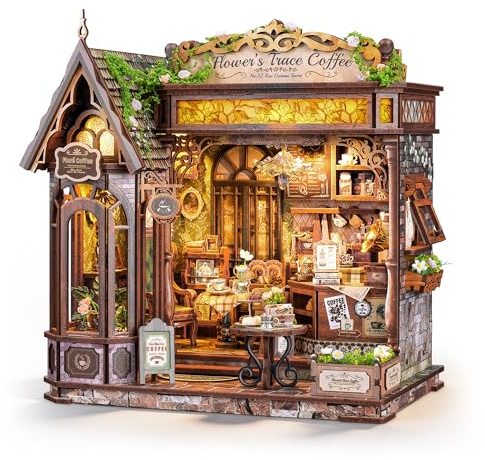 FUNPOLA 3D Holzpuzzle Floral Mark Café, DIY Miniaturhaus Kaffeehaus-Modell mit Warmer LED-Beleuchtung, Gemütliche Wohndekoration für Erwachsene und Jugendliche (14+)