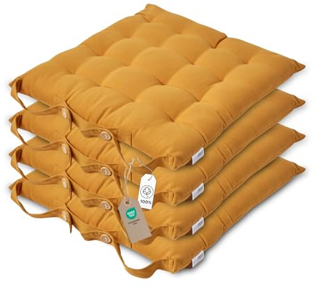 Homescapes 4er Set Stuhlkissen 40x40 cm senfgelb – Sitzkissen Outdoor/Indoor mit Baumwollbezug, Sitzpolster waschbar und Oeko-TEX-Zertifiziert für Esszimmer-, Küchen- & Gartenstühle