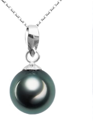 Lzz 925 Sterling Silver Tahitian Nanhai Freshwater Cultured Black Pearl Pendant Necklace - 9-10mm Round Pearl Ladies Necklace