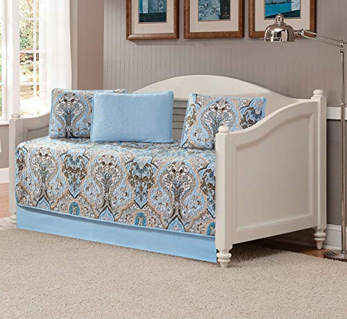 Kids Zone Home Linen 5 Piece Daybed Quilted Bedspread Set Damask Pattern Light Blue White Beige and Brown