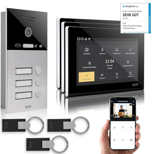 GVS IP Video Türsprechanlage 3 Familienhaus RFID Türöffner - 3X 7 Monitor | Smarte Video Türklingel mit Kamera und Monitor & App - Gegensprechanlage mit Türöffner (AVS4091U)