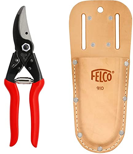 FELCO 5 Gartenschere (Schnitt-ø 25 mm, Länge 225 mm) & 910 Etui für Gartenscheren (Holster aus Echtleder, mit Gürtelschlaufe + Klammer, Befestigung am Gürtel, für Rebscheren), 26 x 16 x 12 cm