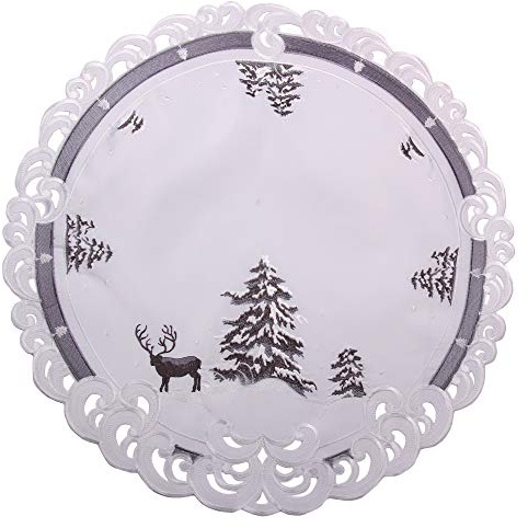 Quinnyshop Weihnachtsmitteldecke - Bestickt mit Hirsch und Tanne Motiv Leinenoptik Polyester Grau-Weiß ca. 60 cm Rund