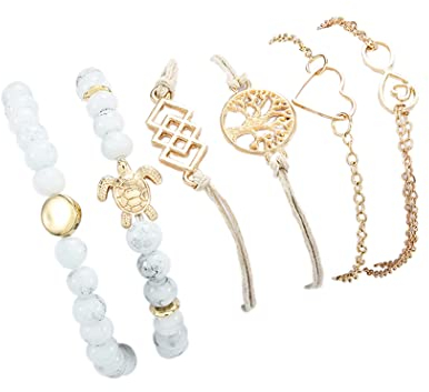 Yean Boho Layered Armbänder Schildkröte Armband Set mit Marmor Stein Kornejustierbare Goldbaum Handkette handgemachte Accessoires Schmuck für Frauen und Mädchen 6er Pack