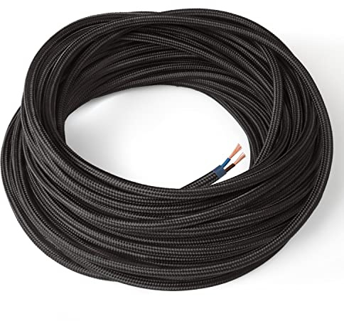 Amarcords - Câble électrique textile couleur NOIR, rond, soie, 5 mètres, à 2 brins 2x0,75 - Fil vintage en tissu coloré, pour lampes, lustres, appliques et abat-jours.