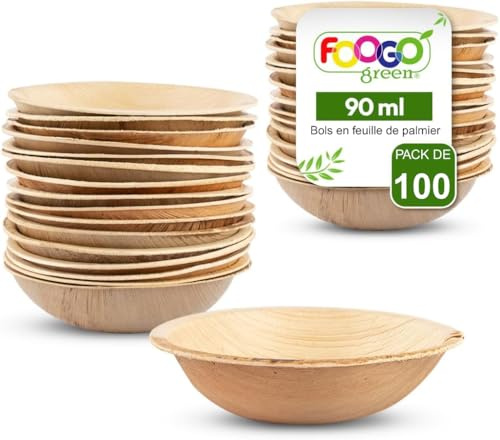 FOOGO Green 100 Bols Jetables Feuille de Palmier 10cm 90ml Ronds | Écologiques, Biodégradables, Compostables, Desserts et salades, Apéritifs, Mariage et fête, Alternative bois et papier