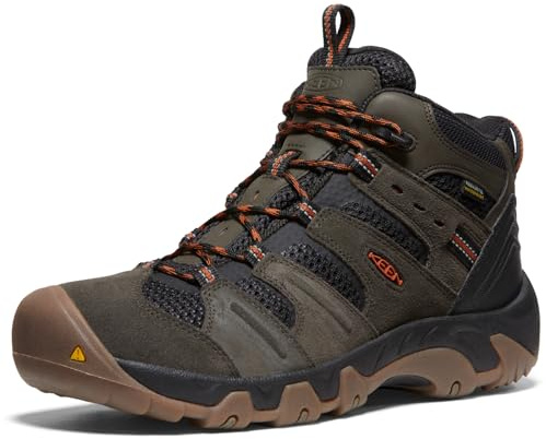 KEEN Men's Headout Mid Height Waterproof All Terrain Hiking Boots, Black Olive/Fossil Orange, 10.5 US
