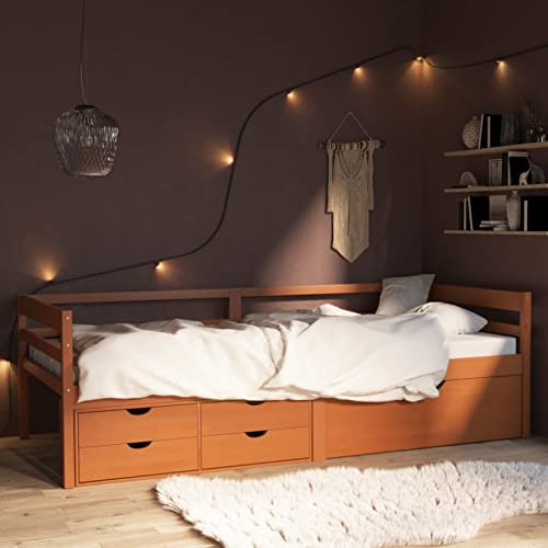 Tidyard Massivholzbett mit Schubladen Bettgestell Futonbett Bett Holzbett Einzelbett Bettrahmen Lattenrost Schlafzimmerbett Komfortbett Jugendbett Gästebett Seniorenbett Honigbraun Kiefer 90x200 cm