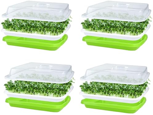 KAHEIGN 4Pcs Seed Sprouting Trays with Lid, 32cm x 26cm Large Capacity Germination Tray BPA Free Healthy Hydroponic Propagator with 24Pcs Planting Papers for Growing Mung Beans, Alfalfa, Wheat Grass