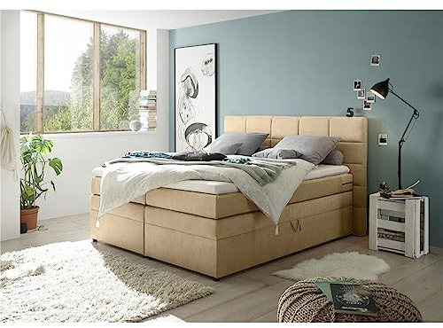 Lomadox Boxpsringbett 180x200 cm mit Bettkasten | Doppelbett in Sand mit Härtegrad H2