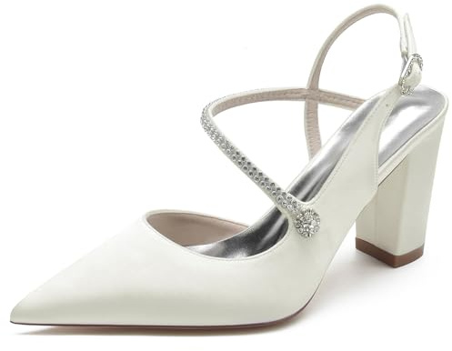 EICOFF Women's Chunky Heels Wedding Shoes for Bride Comfortable Pointed Toe Satin Block Heels Bridal Shoes,Ivory,5 UK
