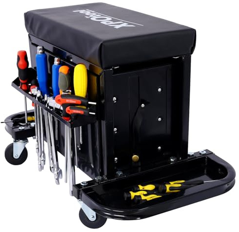 AMZOSS 3-Drawer Rolling Tool Chest Seat Garage Glider Mechanic Stool with Magnetic Side Trays, Heavy Duty Rolling Tool Box for Warehouse, Workshop, 350lbs Capacity