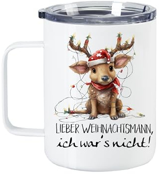 GRAZDesign Glühweinbecher mit Deckel Frohe Weihnachten, Weinachten Thermobecher Edelstahl 350ml (Lustiges Elch, 350ml)