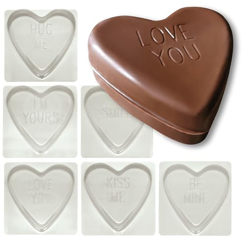 Large Love Heart Chocolate Moulds - 170g - Set of 1, 6, 12 or 60 - Wedding Favours, Valentines Gift or Heart Shaped Easter Egg - Be Mine, Hug Me, Im Yours, Kiss Me, Love You & Smile (Mixed Text x 12)