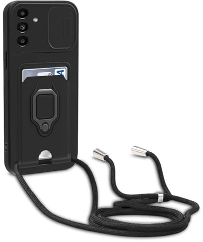 BGHHEU Coque avec Cordon pour Samsung Galaxy S24 Plus,Collier pour Étui Colliers de cellulaire Réglable Corde Silicone Souple Case,Protection de la Caméra,Support,Porte Cartes - Noir