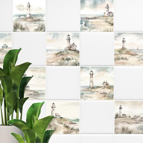 GRAZDesign Fliesenaufkleber Bad & Küche, maritim Leuchtturm Strand Aquarell Klebefliesen selbstklebend - 20x20cm / 10 Stück
