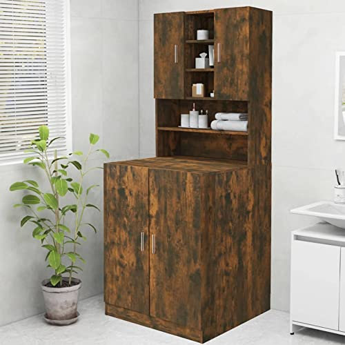 Vopese WaschmaschinenSchrankBadschrank Hochschrank Badezimmerschrank Schrank Badregal Waschmaschinenregal für die Waschmaschine & WC Räuchereiche 70,5x25,5x90 cm Badmöbel