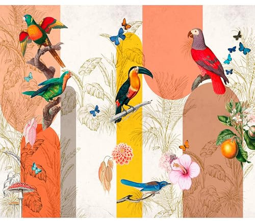 murando Fototapete Premium-Vlies Vintage Dschungel 100x70cm Vlies Tapeten Wandtapete XXL Wanddeko Mustertapete Design Wand Dekoration Büro Papagei Tropical Palmenblätter Helle Pflanzen b-C-10378-a-a