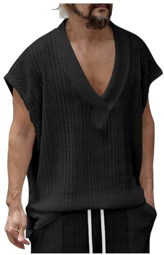 WAZHAKU Pullunder & Strickwesten Für Herren Schalkragen Strickweste Gestrickte Ärmellose Strickjacke Einfarbig Feinstrick Weste Knopfleiste Freizeitweste Strickpullover Sommer Strickwesten