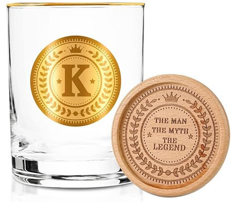 Onebttl Personalised Whiskey Glass with Coaster for Men, Unique Birthday, Christmas Gifts for Him, Dad, Uncle, Custom Alcohol Gifts for Whiskey Lovers, K