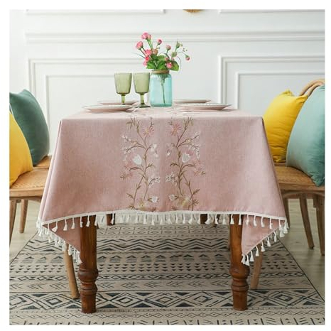 BCughia Tischdecke 140x240CM Rosa, Tischdecke Innenbereich Wasserabweisend Rechteckig Polyester Blumen Stickerei mit Quasten Tischdecke für Esstisch