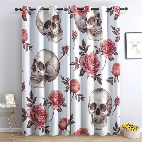 EXSANLIEAY Verdunklungsvorhänge Skelett, Vorhang Blickdicht Rose Vorhänge mit öSen 2er Set für Schlafzimmer Kinderzimmer, Deko Gardinen Wohnzimmer-260 x 140 cm (H X B)
