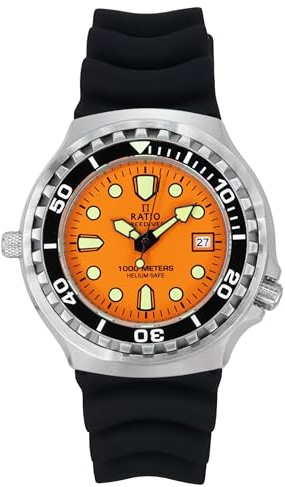 RATIO FreeDiver 2:a generationen helium säker dykarklocka safir kristall kvarts rörelse dyk klocka 1 000 m vattentålig dykarklocka för män, Orange – silikonrem, Dykare