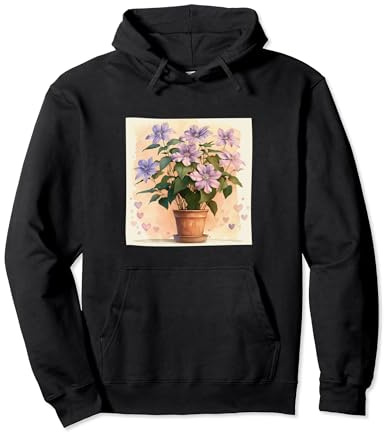 Clematis Plant In Pot Cottagecore Hearts Graphic Pullover Hoodie