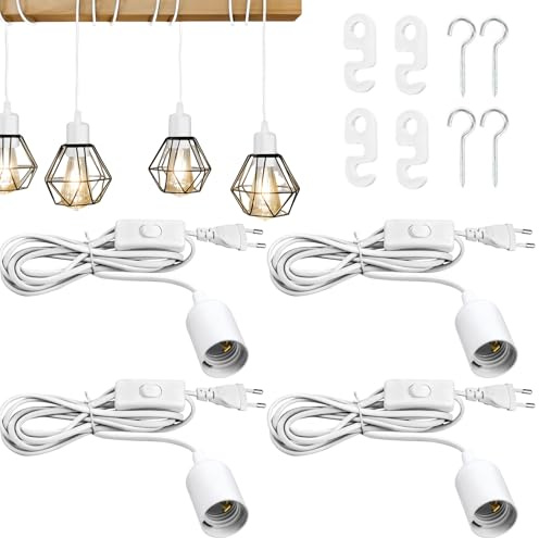 Lampenfassung Mit Schalter,4 Stück E27 Kabel Für Salzlampe Mit Achterschnalle Und Eisenhaken,Fassung Netzkabel,Salzlampe Fassung Für Lampenaufhängung,Pendelleuchte,Wohnzimmer,5M,250V (Weiß)