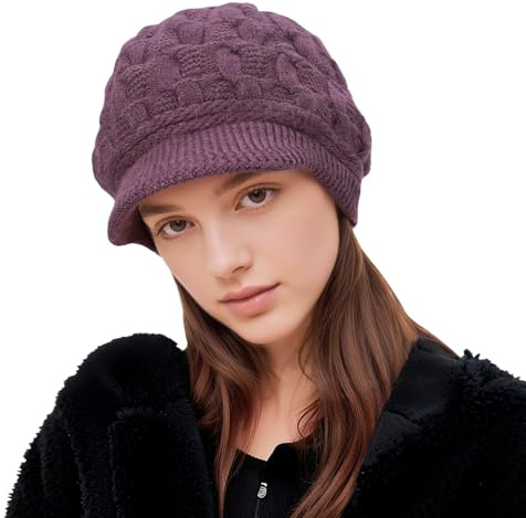Michear Fleece Lined Beanie Hats for Women Ladies Hats Winter Thermal Wooly Crochet Cap Bobble Hat Warm Knitted Ladies Bobble Hats with 2.4-Inch Windproof Visor
