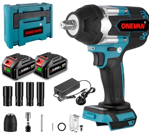 ONEVAN 1/2 Inch Cordless Impact Wrench, 1000Nm Torque, Brushless, 3-Speed | Reverse Auto-Stop Safer Bolt Removal, 4 Sockets, 2×3.0Ah Battery Runtime for 30Min, LED Light, for Truck/Car/Machinery Repair