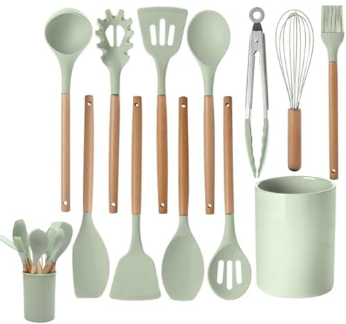 Set di 12 utensili da cucina in silicone con manici in legno, resistenti al calore, antiaderenti, con pinze, spatola, cucchiai e supporto, lavabili in lavastoviglie, migliori gadget da cucina (verde,
