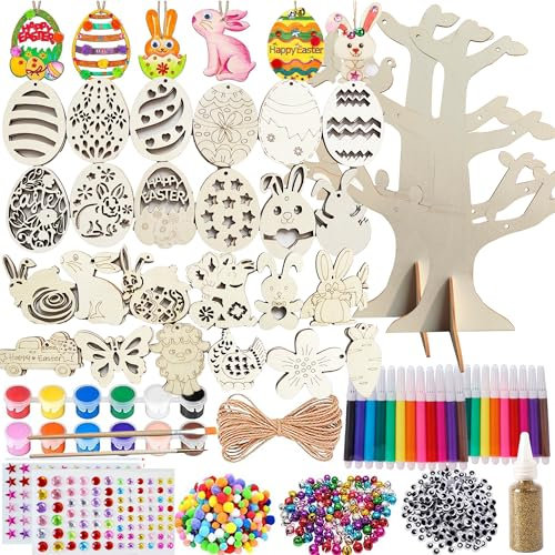 Giggleye Holzanhänger ostern zum bemalen, 398 Stück Ostern Basteln Kinder set mit Aquarellstift, Strass, Pinsel Pigmente Palette, Osteranhänger Holz für Ostern DIY Kunsthandwerk und Kinder Geschenken