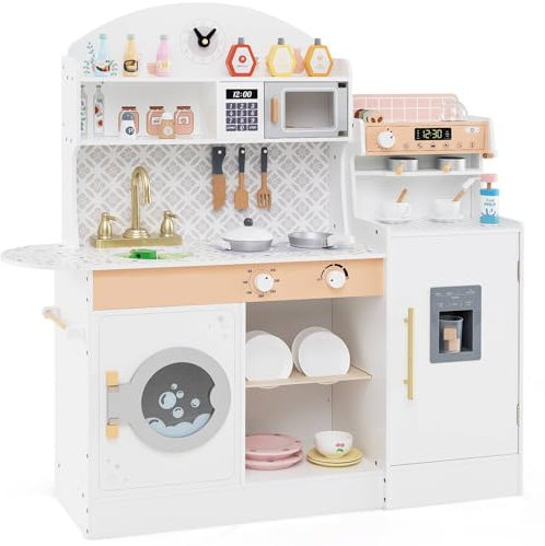 GYMAX Kids Play Kitchen, Wooden Toy Kitchen with Stoves, Microwave, Washing Machine, Ice Maker, Coffee Maker, Sink and Cookware Accessories, Pretend Children Kitchen for 3+ Years Old (White)