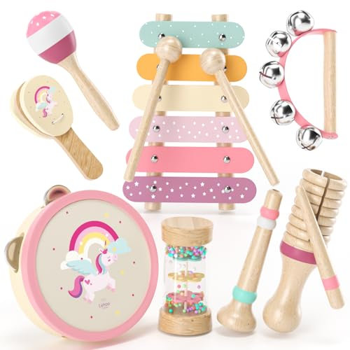 Lehoo Castle Kids Toddler Wooden Musical Instruments, Montessori Musical Toys for 1-3 Year Old, Baby Maracas Xylophone Tambourine Percussion Instruments Set 18M+
