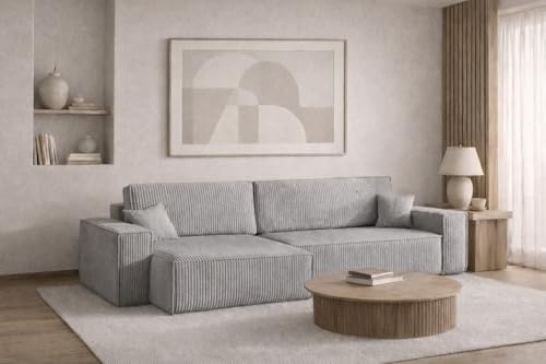 Kaiser Möbel - Ecksofa mit Schlaffunktion und Bettkasten, Schlafsofa mit Bettzeugbehälter, Wohnlandschaft L-Form, Klappsofa, Relaxsofa, Cordstoff, Bequemes Couch für Wohnzimmer, Best XL, Grau, Links