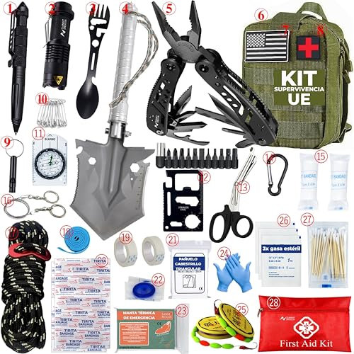 Kit Supervivencia UE 2025 con Mochila Botiquín y Linterna, Manta Térmica Supervivencia, Cuchillo Supervivencia Militar Profesional más Hacha, Tiritas, Vendas, Silbato y Brújula (Titán - Premium)