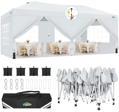 COBIZI Canopy 10x20 Pop Up Canopy Tent with 6 Sidewalls, One Push Party Tents for Parties Outdoor Wedding Waterproof Gazebo Commercial Event Tent with Sandbags, White