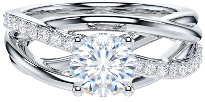 Genuine Moissanite or Simulated 1CT Diamond Sterling Silver Crossover Vine Split Intertwine Shank Promise Ring Engagement Ring