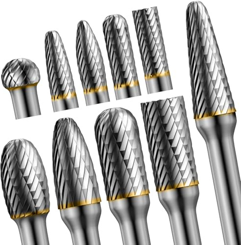 10pcs Die Grinder Bits w/ 1/4 Shank, Tungsten Carbide Burr Set for Metal Steel Stone Wood Working Grinding Carving Engraving Deburring Cutting Porting